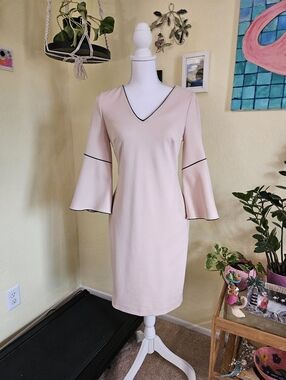 Calvin Klein Women's V-Neck Bell Sleeve Dress - Blush with Black Trim